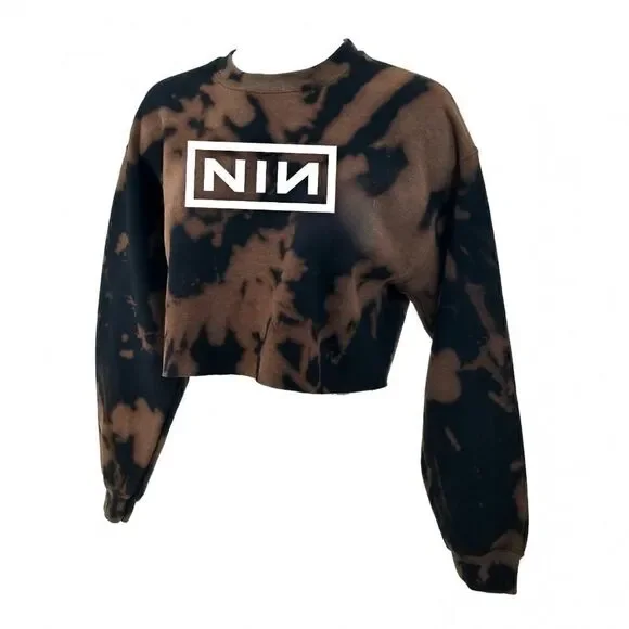 Nine Inch Nails NIN Acid Wash Crop Top Long Sleeve Pullover Crewneck Sweatshirt - Picture 3 of 5